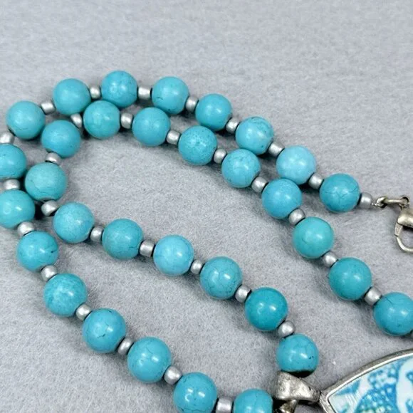 Coldwater Creek Necklace Turquoise Beaded 10mm Teardrop Pendant Reversible - Picture 4 of 6